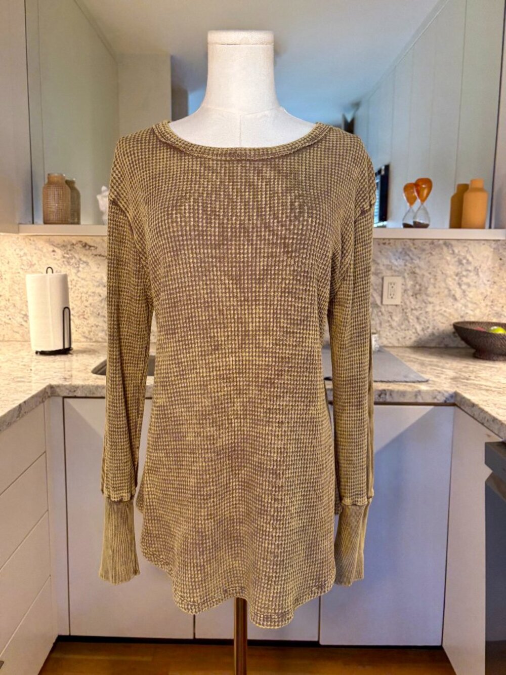 Washed Baby Waffle Long Sleeve Thermal Top - Small